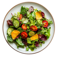 Fresh garden salad with leafy greens, cucumbers, and cherry tomatoes served on a transparent plate, of plate of salad top view isolated on solid transparent background png