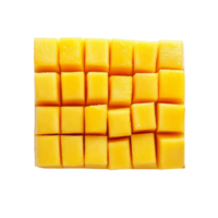 Fresh mango slice cut into cubes isolated on a transparent background showcasing its vibrant color and texture, Mango slice cut to cubes closeup isolated on transparent background png