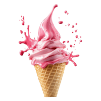 Delicious strawberry ice cream cone with a vibrant splash against a clean transparent background, Strawberry Ice Cream Cone with Splash on transparent background png