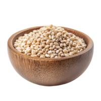 Natural pearl barley piled in a wooden bowl isolated on a transparent background for healthy cooking or food preparation, Pile of pearl barley in wood bowl isolated on transparent background png