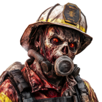 A terrifying firefighter zombie wearing a gas mask stands against a transparent background, showcasing horror themed artistry, Firefighter zombie on transparent background png