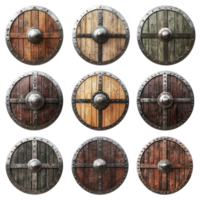 Viking medieval shields displayed in a grid on a transparent background, Viking Medieval Shields Isolated on transparent background png