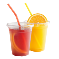 Refreshing orange and red fruit juices served in clear plastic cups with straws for a sunny afternoon, Refreshing Orange and Red Fruit Juices in Plastic Cups with Straws Isolated on transparent background png