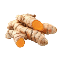 Fresh turmeric roots on a transparent background, showcasing vibrant orange flesh and rough exterior texture, Fresh turmeric isolated on transparent background png