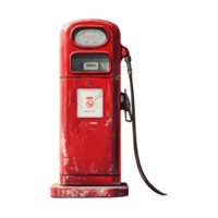 A vintage red gasoline pump positioned against a light background with a hose ready for fuel dispensing, Red gasoline pump Stock Illustration png