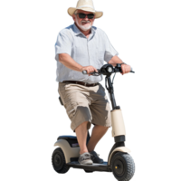 Senior man riding a scooter on the beach, enjoying a sunny day by the ocean waves, file no background Senior man going to the beach with an electric scooter png