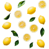 Fresh lemons with green leaves arranged on a transparent background for a vibrant culinary setting, Lemons on transparent background png