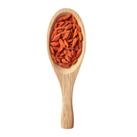 Dried goji berries in a wooden scoop on a transparent background highlighting their vibrant color and texture, dried goji berries in wood scoop on transparent background png