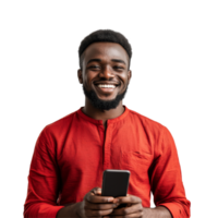 Smiling African man holds smartphone and looks cheerful in a bright setting, Smiling African Man With Phone on transparent background png