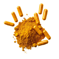 Turmeric powder and capsules arranged on a clean transparent surface showcasing natural health benefits, Turmeric powder and turmeric capsules on transparent background png