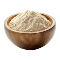 Whey protein powder in a wooden bowl on a clean transparent background highlighting its natural texture and color, whey protein in a wood bowl on transparent background png