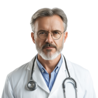 Mature male doctor with a stethoscope, showcasing professionalism and care in a clinical environment, Portrait of Mature Male Doctors with Stethoscope on transparent background png