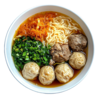 parte superior ver de bakso con tallarines y vegetales en un transparente cuenco en un llanura fondo, bakso en cuenco parte superior ver transparente antecedentes png