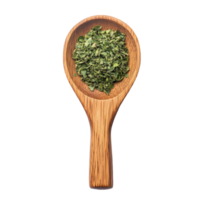 Dried parsley in a wooden spoon isolated on a transparent background for culinary use and presentation, Dried parsley in wood spoon isolated on transparent background png