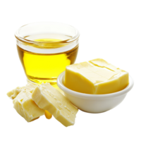 A bowl of butter margarine and a glass container of oil on a transparent background for culinary uses, Butter, margarine and oil isolated Stock Photo png