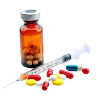 Medical items including a pill bottle, colorful pills, and a plastic syringe isolated on a transparent background, pill and bottle and plastic syringe isolated on transparent background png