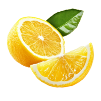 Fresh lemon and a cut half slice with a leaf isolated on a transparent background for culinary use or decoration, Lemon and cut half slice with leaf isolated on transparent background png