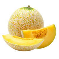 Fresh yellow cantaloupe melon cut into slices on a clean transparent background ready for summer enjoyment, yellow cantaloupe melon on transparent background png