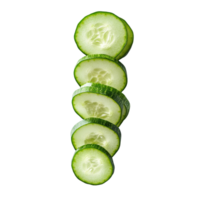 Sliced cucumber arranged vertically on a clean transparent background showcasing its fresh, crisp texture and vibrant green color, cucumber sliced isolated on transparent background png