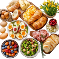 Easter breakfast spread featuring fresh eggs, savory breads, and vibrant spring greens on a transparent surface, easter food on transparent png