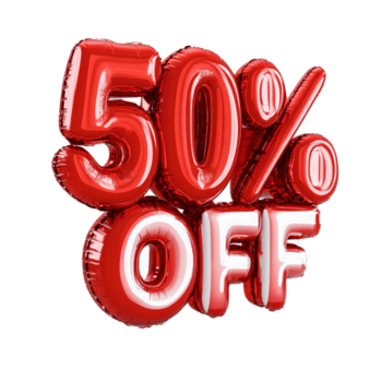 vibrante inflado vermelho desconto texto apresentando 50. fora exibido contra uma limpar \ limpo transparente fundo, inflado vermelho 50. fora texto 3d render em transparente fundo png