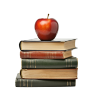 Stack of elementary school books topped with a shiny red apple on a transparent background for educational context, Elementary Book Stack with Apple Isolated on transparent Background Student life concept png