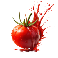 A ripe tomato bursting with vibrant sauce in a dynamic splash on a neutral background, tomato sauce splash png