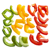 Sliced bell peppers in various colors arranged neatly on a transparent background for culinary presentation, pepper slices on transparent background png