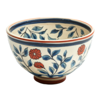 Decorative ceramic bowl with floral patterns displayed on a transparent background in natural lighting, top view wood bowl on transparent background png