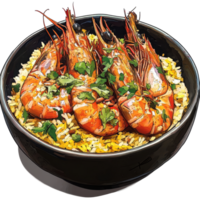 Delicious curry rice topped with langoustines, garnished with fresh herbs in a black bowl, Isolated bowl of curry rice with langoustines png