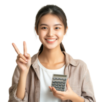 Young Asian woman smiles while holding a calculator and making an OK hand gesture, Young Asian woman feel happy with OK hand signal hold in hands calculator isolated transparent background png