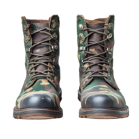 Military camouflage boots prominently displayed on a transparent background for tactical and outdoor use, Military Camouflage Boots Pair on transparent background png