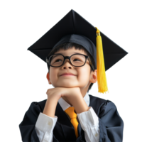 Joyful Asian graduate wearing a cap and gown reflects on future aspirations in a bright studio setting, Happy Asian school kid graduate in graduation cap thinking isolated transparent background png