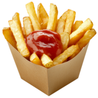 Crispy French fries served with red ketchup in a paper container at a casual dining spot, Portion of french potato fries with ketchup png