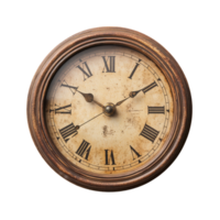 Vintage wall clock with Roman numeral face showcasing aged wooden frame in classic design and timeless elegance, vintage wall clock, file of isolated object with shadow on transparent background png