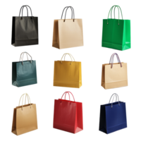 Variety of shopping bags in different colors and styles isolated on a transparent background, Various type of shopping bags isolated png