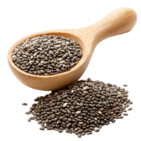 Chia seeds in a wooden scoop with some seeds spilled on a bright background, highlighting their texture and natural color, Chia seeds isolated png