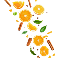 Fresh oranges and aromatic cinnamon scattered with green leaves on a transparent background in an artistic arrangement, falling oranges and cinnamon with leaves isolated on transparent background png