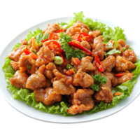 Delicious fried pork with chili served on crisp lettuce, a popular Thai culinary delight, fried pork with chili thailand food on transparent background png