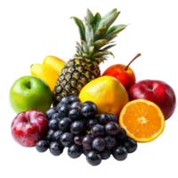 An assortment of fresh fruits on a clean transparent background, including apples, grapes, and pineapple, Various type of fruits isolated png
