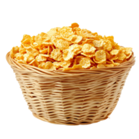 A woven basket filled with corn flakes isolated against a transparent background, perfect for breakfast and snacking at any time, corn flakes in basket isolated on transparent background png