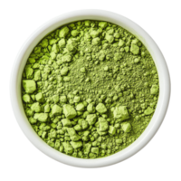 Top view of vibrant green matcha tea powder in a transparent bowl on a clean transparent background, Matcha tea top view transparent background png