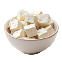 Fresh tofu cubes served in a simple bowl against a transparent background for culinary inspiration, Tofu in a bowl isolated on transparent background png
