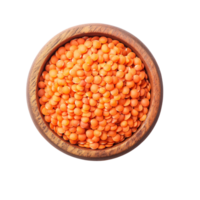 Fresh red lentils in a rustic wooden bowl, showcasing vibrant colors on a clean transparent background, red lentils isolated on transparent background png