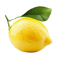 Fresh yellow lemon fruit with a green leaf isolated on a transparent background perfect for culinary and health uses, yellow lemon fruit with leaf isolated on transparent background png