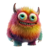 A colorful furry monster character named stands cheerfully, showcasing its vivid rainbow, colorful furry and cute monster, 3D render character cartoon style Isolated on transparent background png