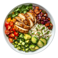 Healthy grilled chicken with fresh vegetables and rice served in a bowl on a transparent background, Healthy Meal Isolated on transparent background png
