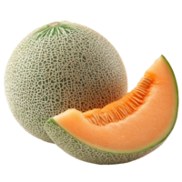 Fresh cantaloupe melon with a slice on a transparent background, showcasing its vibrant texture and color details, cantaloupe melon on transparent background png