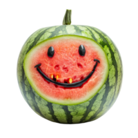 Smiling watermelon with a cheerful face displayed against a transparent background, smile water melon isolated on transparent background png