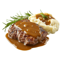 Delicious panfried steak with rich gravy and creamy mashed potatoes served on a transparent plate, slice of panfried steak, served with gravy and mashed potatoes isolated on transparent background png